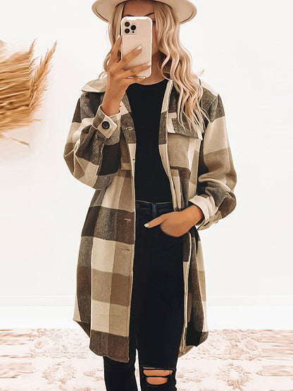 flowersverse Buttoned Plaid Long Sleeves Loose Lapel Outerwear