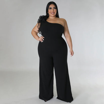 flowersverse Plus Size Ladies One Shoulder Mesh Wide Leg Pants