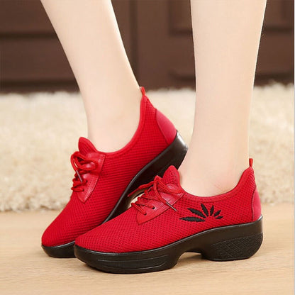 flowersverse Women's Dance Sneakers Hip Hop Practice Outdoor Breaking/Square Dance Flat Mesh Flat Heel Lace-up Black Red