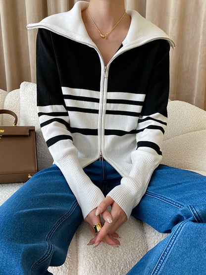 flowersverse Contrast Color Striped Zipper Long Sleeves Loose Lapel Cardigan Tops