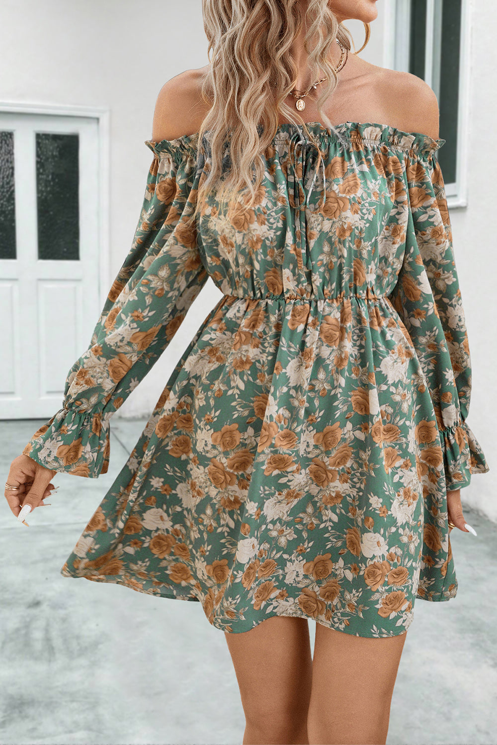 flowersverse Floral Off-Shoulder Flounce Sleeve Mini Dress