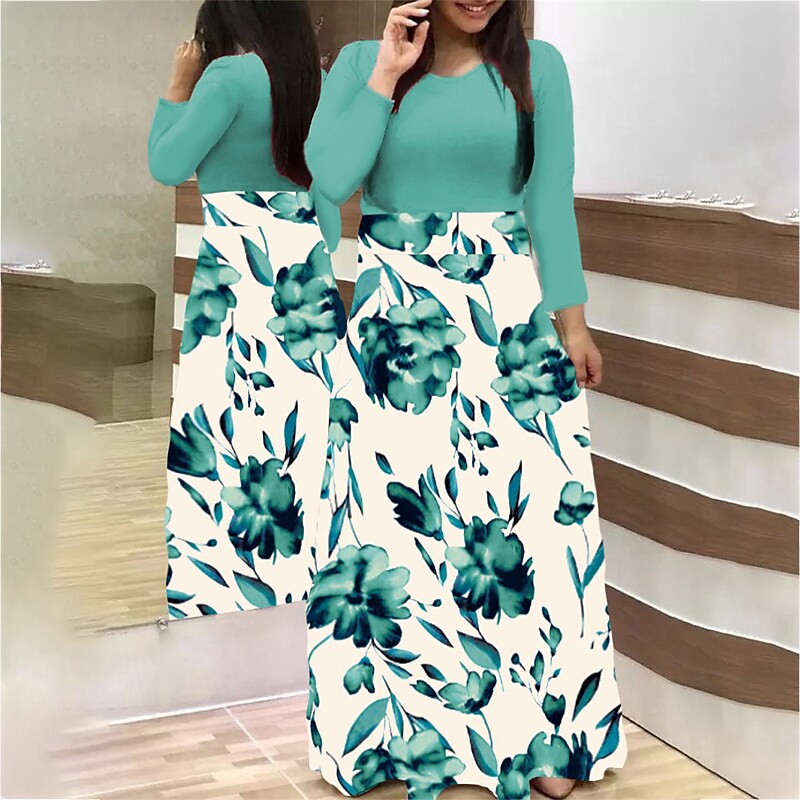 flowersverse Women's Plus Size Holiday Dress Floral Crew Neck Print Long Sleeve Fall Winter Casual Maxi long Dress Daily Dress