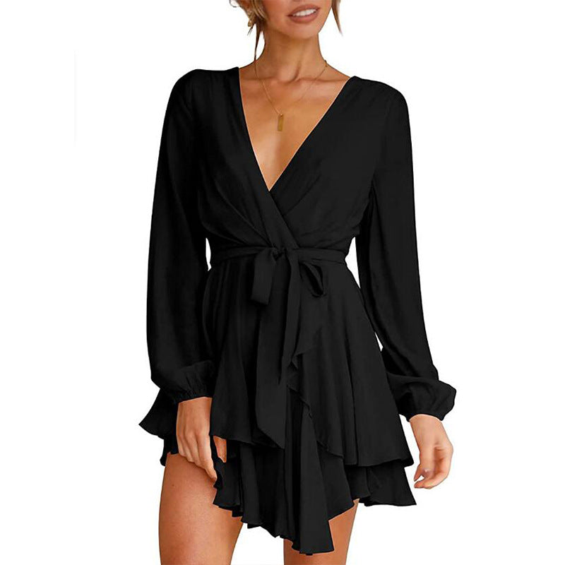 flowersverse High Waist V-Neck Cross Bandage Long Sleeve Dress Solid Color Slim Casual A-Line Skirt Black Dresses