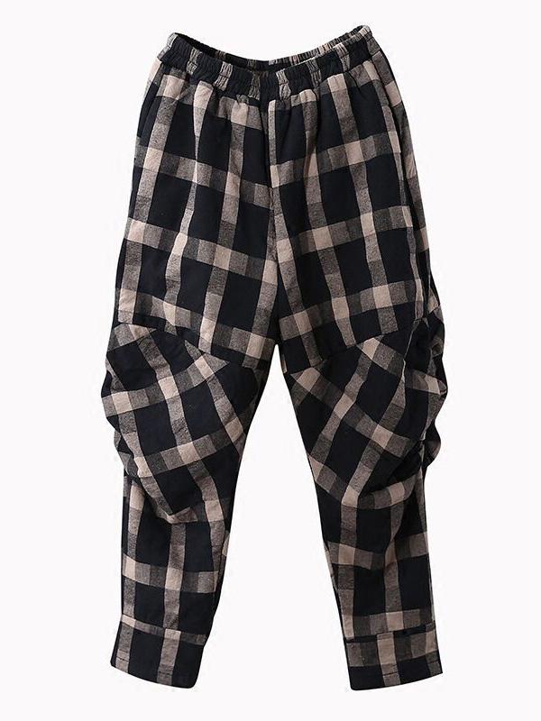 flowersverse Vintage Plaid Thickening Pleated Harem Pants