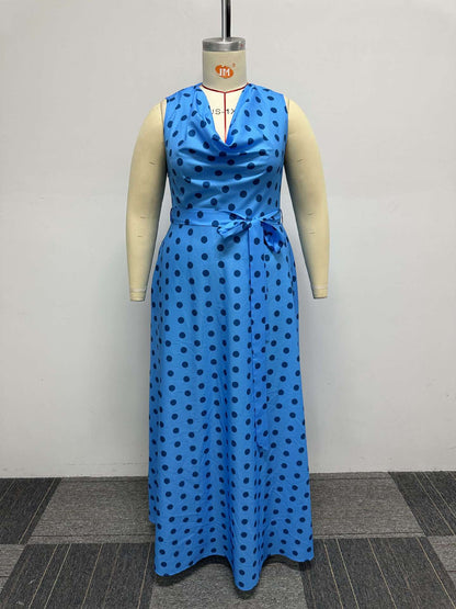 flowersverse Sexy Fit Polka Dot Print Plus Size Belted Sleeveless Maxi Dress