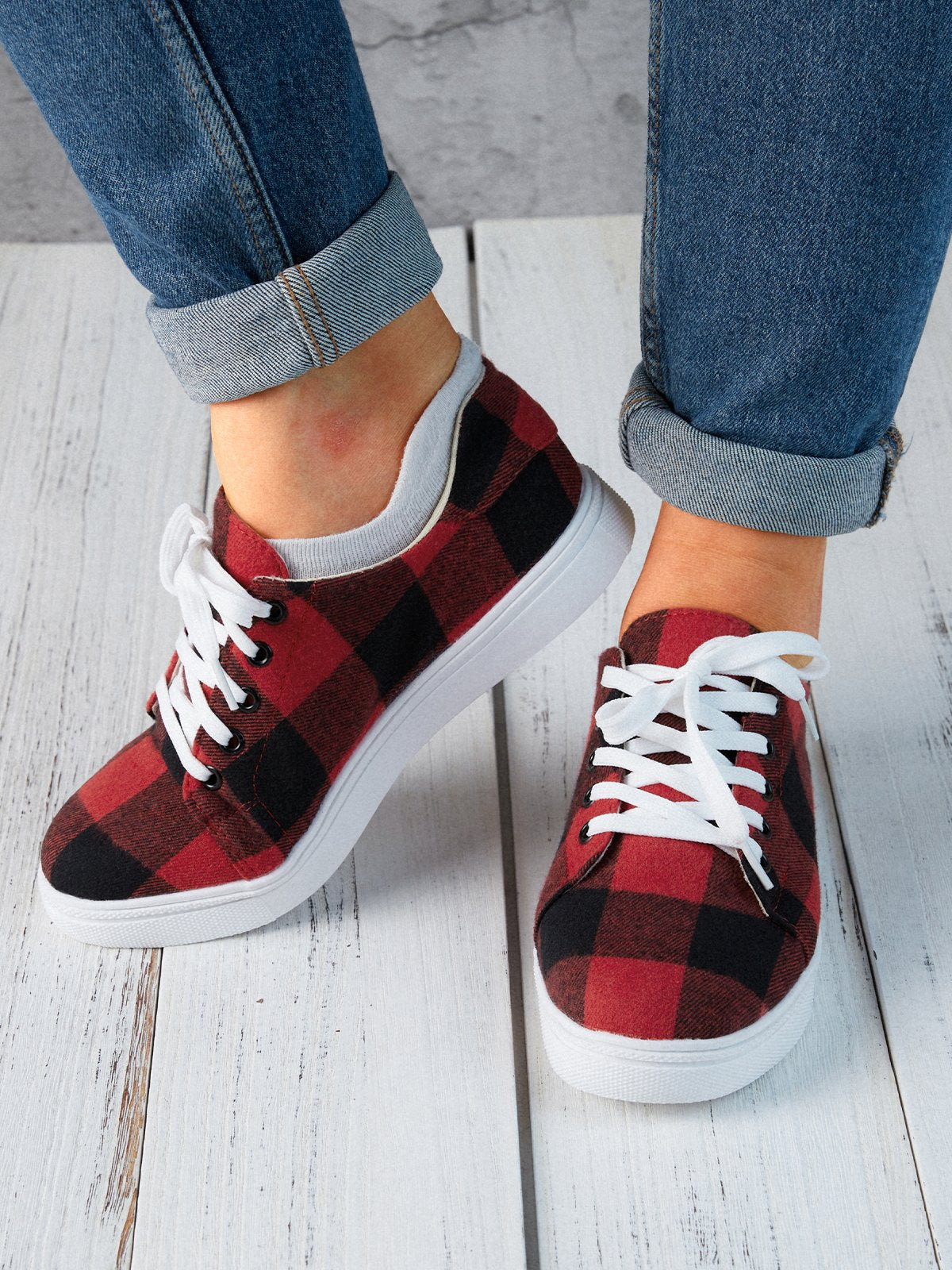 flowersverse Christmas Red Plaid Black And White Plaid Leopard Casual Flat Shoes Xmas Flats