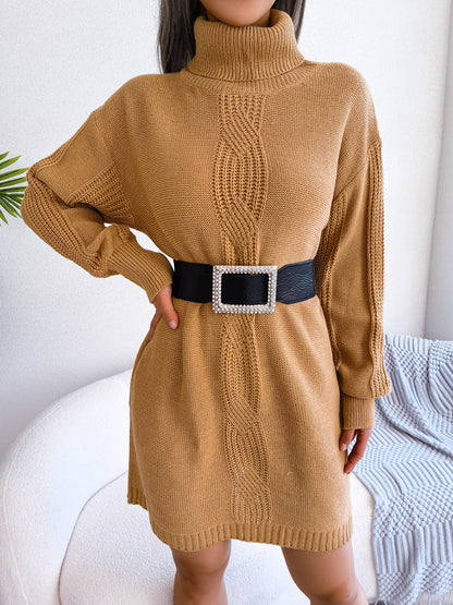 flowersverse Casual Turtleneck Twist Lantern Basic Model Sleeve Dress Women's Sweater