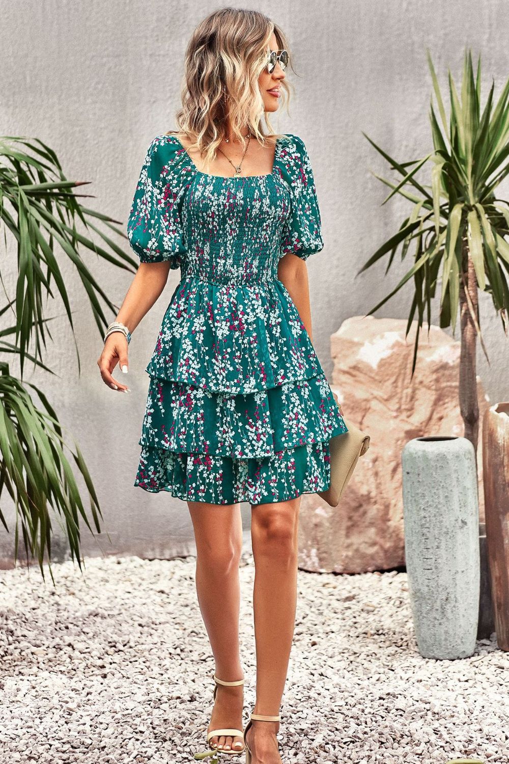 flowersverse Floral Smocked Square Neck Balloon Sleeve Mini Dress