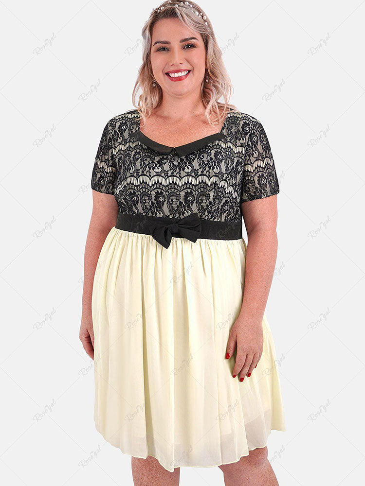 flowersverse Plus Size Lace Panel Chiffon Mini A Line Dress