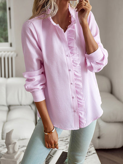 flowersverse Asymmetric Buttoned Ruffled Striped Long Sleeves Mock Neck Blouses&shirts Tops