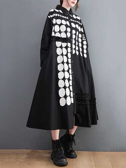 flowersverse A-Line Long Sleeves Asymmetric Buttoned Polka-Dot Lapel Midi Dresses