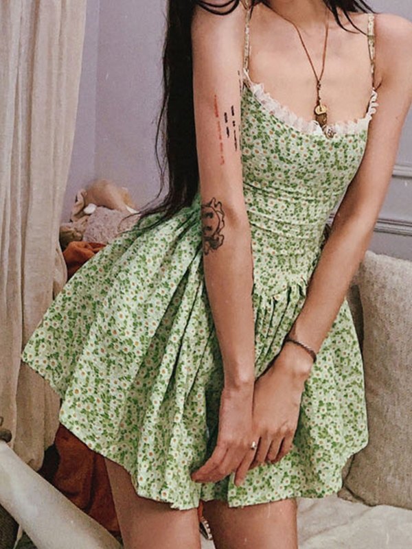 flowersverse Tie Back Floral Green Mini Dress