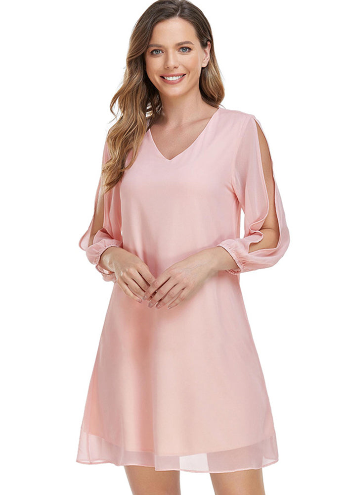 flowersverse Women's loose chiffon three-quarter split sleeves v-neck straight everyday dress elegant cocktail dress