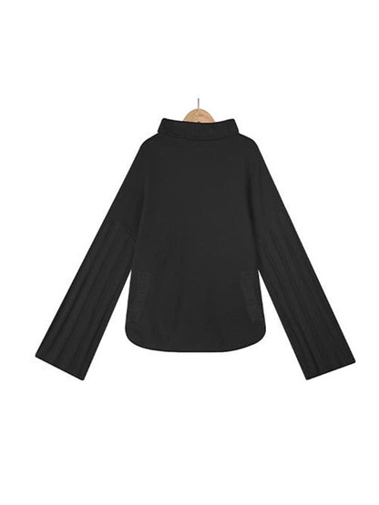 flowersverse Loose Long Sleeves Solid Color High-Neck With Pockets Sweater Tops