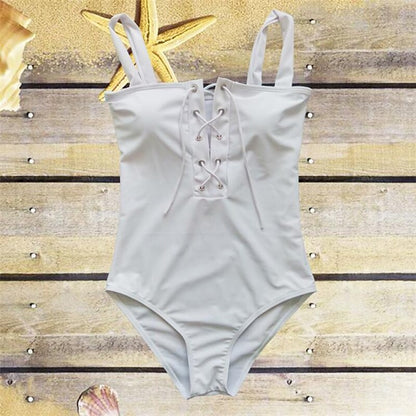 flowersverse Women's Swimwear One Piece Normal Swimsuit Lace up Solid Color White Bodysuit Bathing Suits Sports Beach Wear Summer