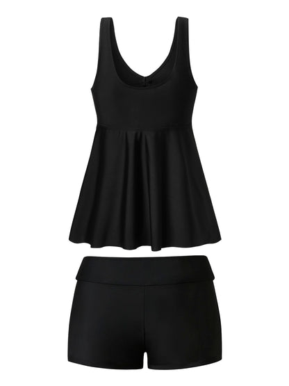 flowersverse Simple Plain Gathered V Neck Tankinis Two-Piece Set