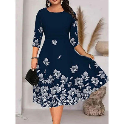 flowersverse Women's Plus Size Work Dress A Line Dress Leaf Floral Midi Dress Half Sleeve Print Crew Neck Elegant Office Black White Spring Summer XL XXL 3XL 4XL 5XL