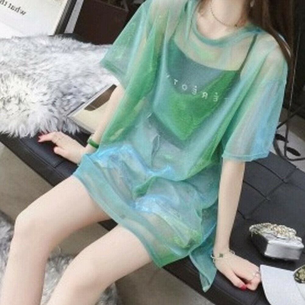 flowersverse 2PCS Women Transparent Mesh T-Shirt Short Sleeve Tee Tops Cover up + Camisole Vest Top Casual Crew Neck Stretchy T Shirt