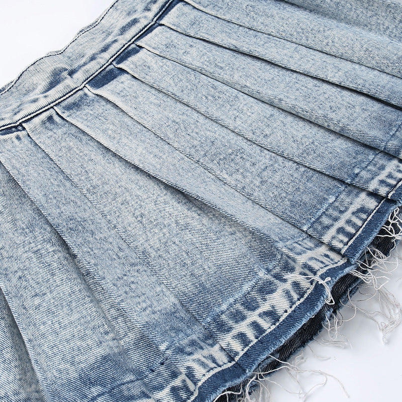 flowersverse Women High Waist Pleated Denim Skirt