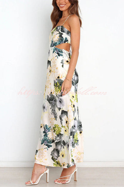 flowersverse Garden Party Floral Satin Cut Out Back Lace-up Maxi Dress