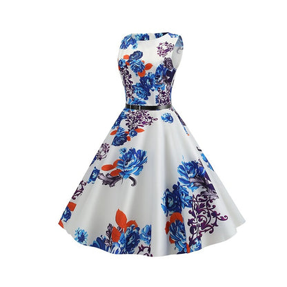 flowersverse Women's Elegant Retro Swing Dress Midi Dress Party Daily With Belt Print Floral Crew Neck Sleeveless Regular Fit Spring Summer  White Red S M L XL