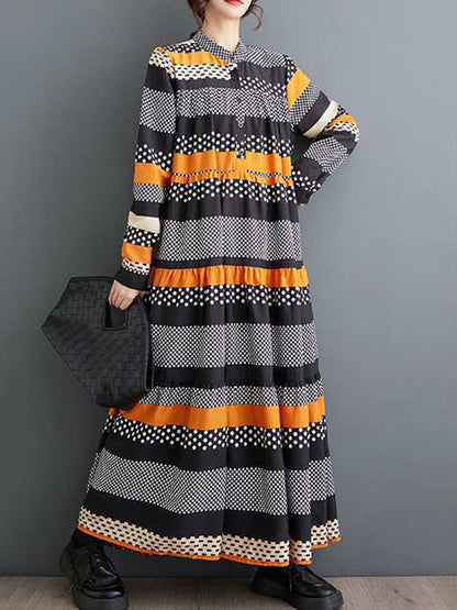 flowersverse A-Line Long Sleeves Buttoned Polka-Dot Split-Joint Round-Neck Midi Dresses