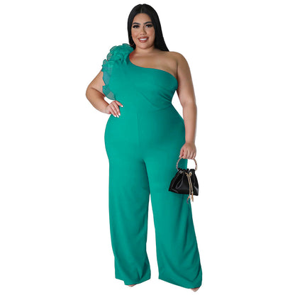 flowersverse Plus Size Ladies One Shoulder Mesh Wide Leg Pants