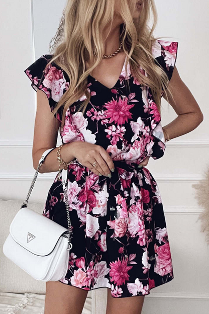 flowersverse Fashion Elegant Floral Frenulum Flounce V Neck Waist Skirt Dresses