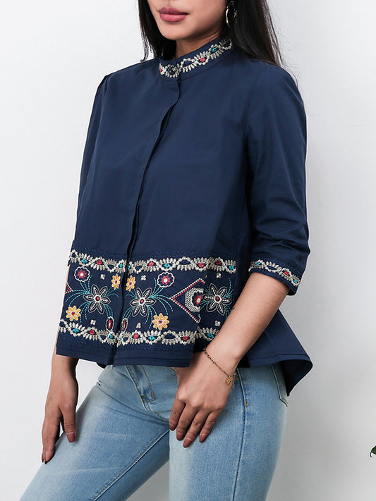 flowersverse Casual Loose High-Low Embroidered Stand Collar Blouses&Shirts Tops