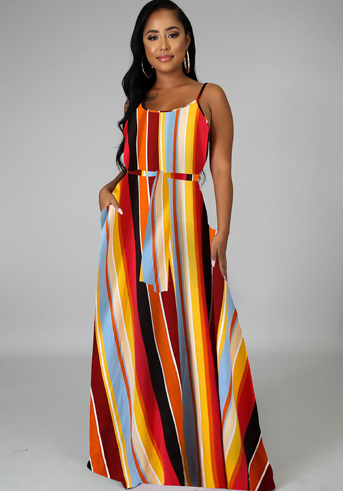 flowersverse Trendy Loose Plus Size Printed Stripe Strap Dress