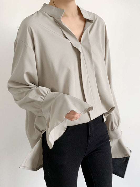 flowersverse Buttoned Solid Color Split-Side Flared Sleeves High-Low V-Neck Blouses&Shirts Tops