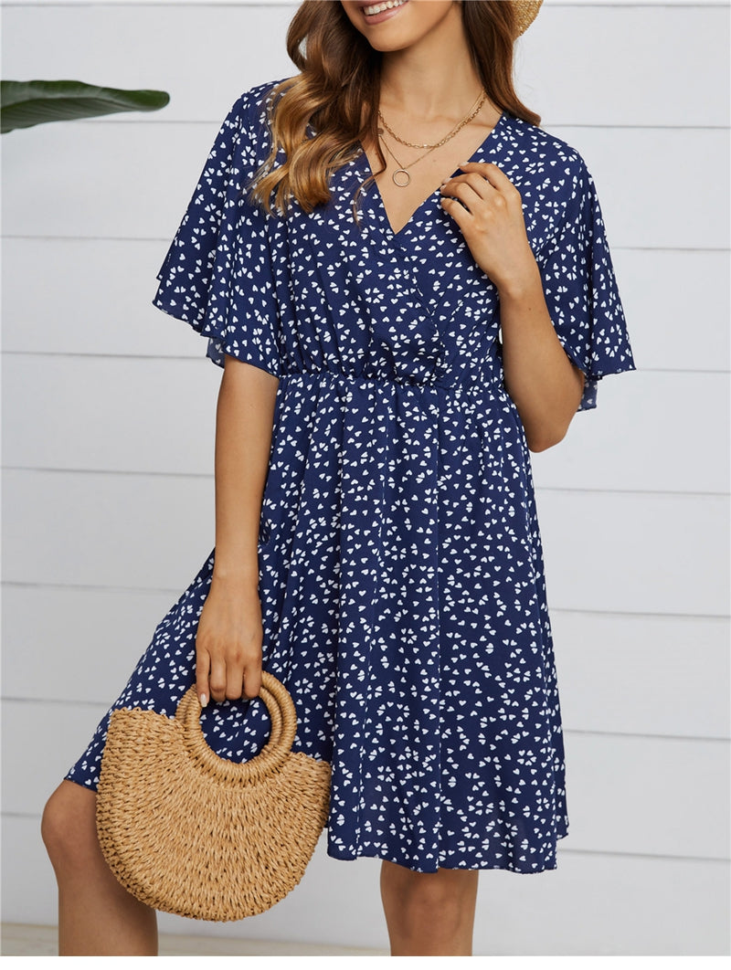 flowersverse Spring Summer Chiffon Dress Women V-Neck Love Dot Print Short Dresses Sweet Ruffle Sleeve Slim Ladies Drawstring Dress