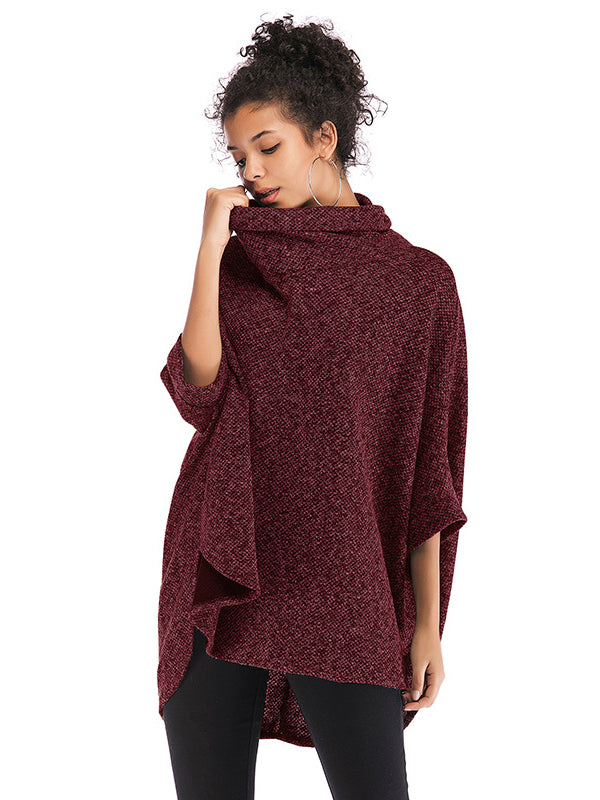 flowersverse Casual Loose Half Sleeves Solid Color High-Neck Sweater Tops