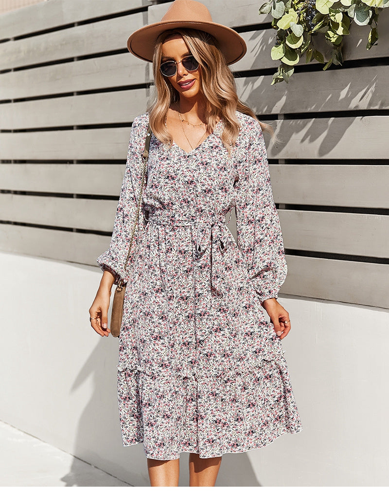 flowersverse Autumn Winter Sexy V Neck Print Dress Women Casual Full Sleeve Bandage Medium Long Floral Dresses High Wasit