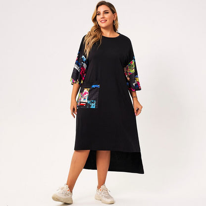 flowersverse New Summer Dress Women Plus Size Black Printing Splicing O-neck Half Sleeve Loose Casual College Style Dresses With Pocket