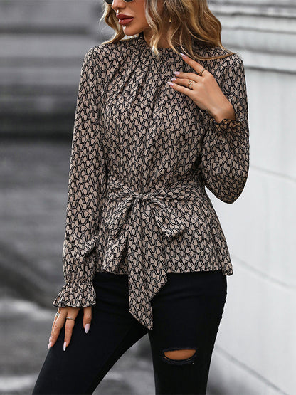 flowersverse Bandage Belted Leopard Printed Long Sleeves Round-Neck Blouses&Shirts Tops