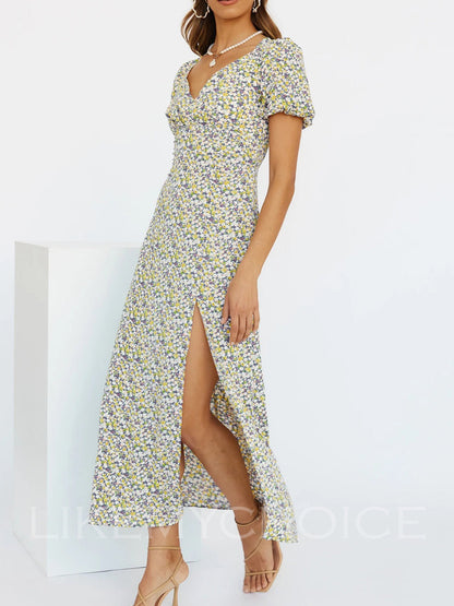 flowersverse Short Sleeve Casual Beach Printed Midi V-neck Dresses