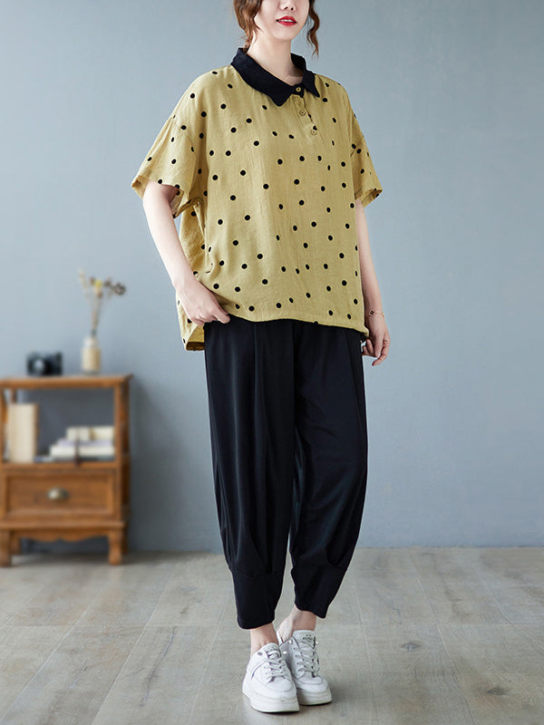 flowersverse Artistic Retro Loose Polka-Dot Blouse