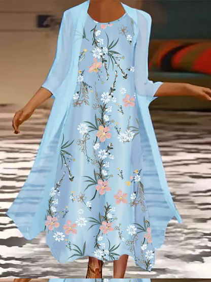 flowersverse Floral Printed Round Neck Long Casual Sky Blue Dress-Two Piece Set