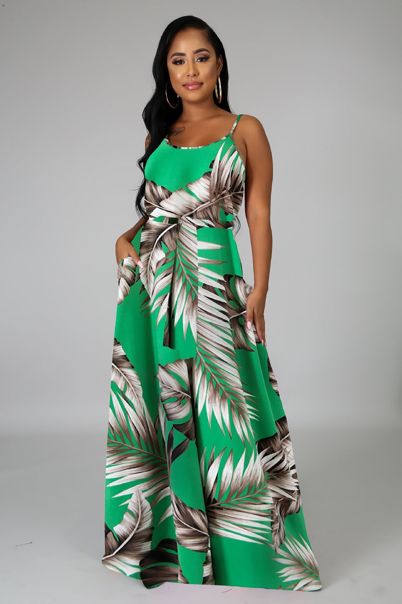 flowersverse Trendy Loose Plus Size Printed Stripe Strap Dress