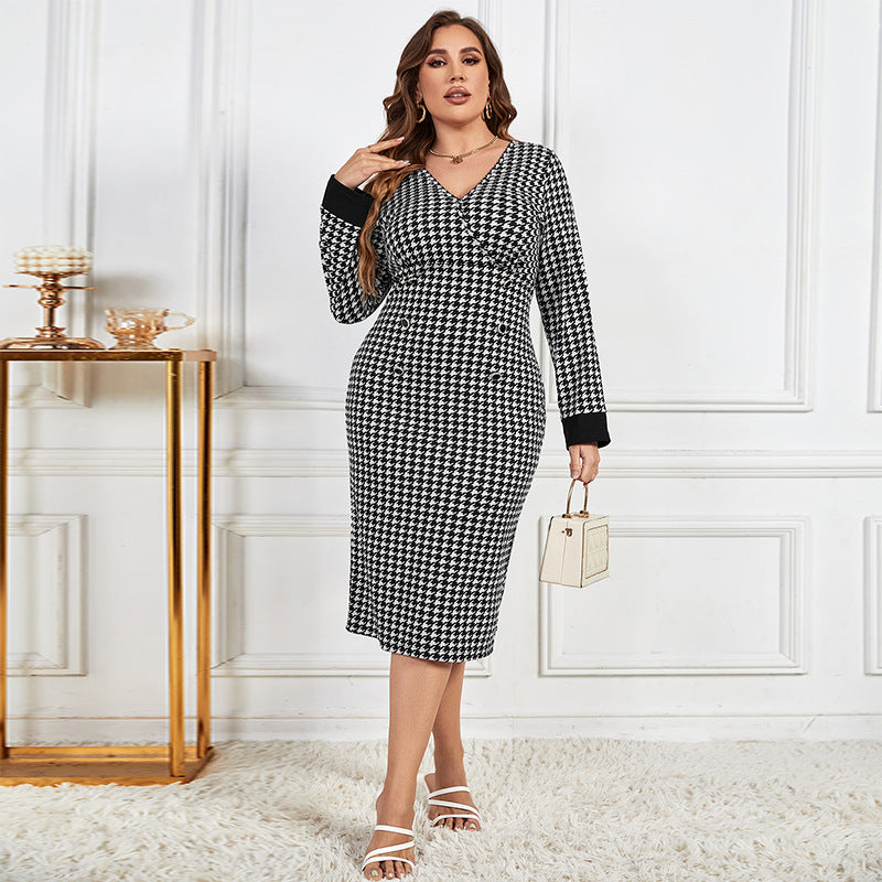 flowersverse Chic Casual V-Neck Houndstooth Contrasting Color Long-Sleeved Women's Dress