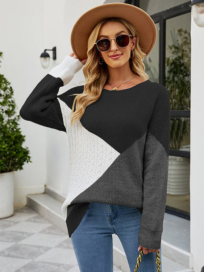 flowersverse Casual Long Sleeves Loose Contrast Color Round-Neck Sweater Tops