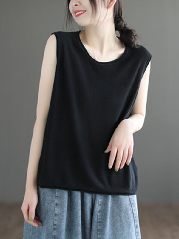 flowersverse Solid Color Loose Sleeveless Round-neck Knitting Vest Top