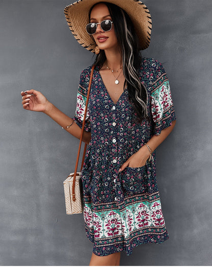 flowersverse Floral Print Summer Short Dress Women Casual V Neck Bohemian Short Sleeve Dress For Woman Fashion Sexy Spring Dress