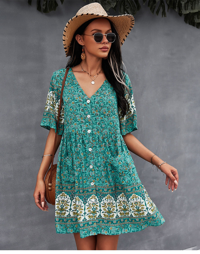 flowersverse Floral Print Summer Short Dress Women Casual V Neck Bohemian Short Sleeve Dress For Woman Fashion Sexy Spring Dress