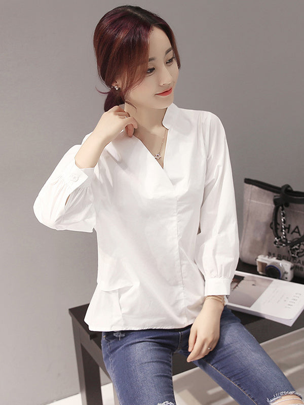 flowersverse Urban Stand Collar Solid Color Blouse Top