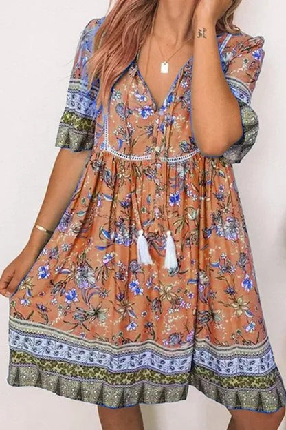 flowersverse V-Neck Floral Half Sleeve Tassel Dress