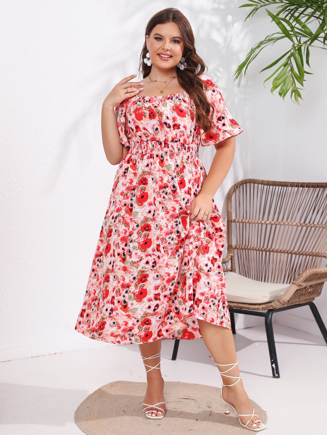 flowersverse Summer Plus Size Women's Square Neck Short Sleeve Casual Trendy Floral Dress