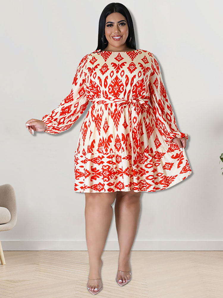 flowersverse Plus Size Long Sleeves Round Neck Midi Dresses