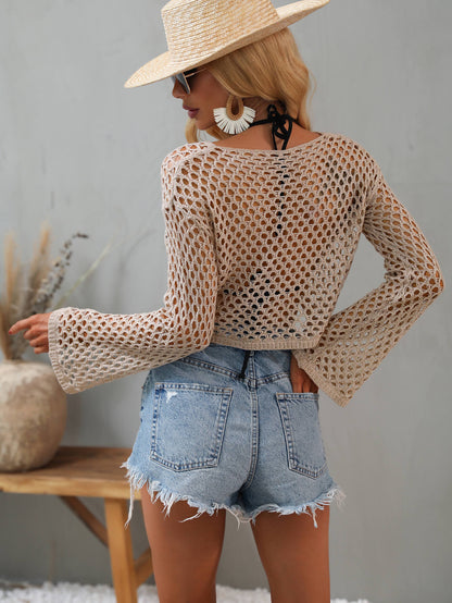 flowersverse Openwork Flare Sleeve Cropped Cover Up